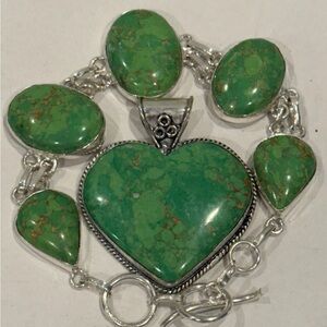 🆕 Natural Green Turquoise Bracelet & Pendant Set – Sterling Silver – Elegant